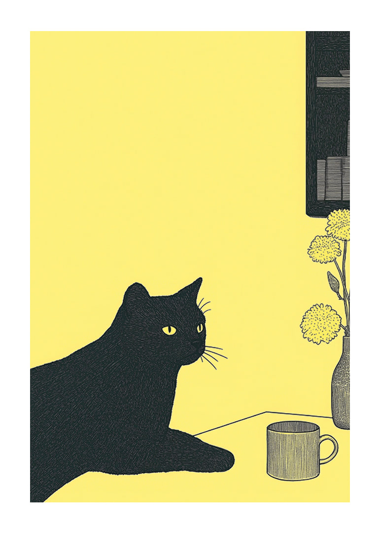 Un gatto elegante in una stanza gialla crea un'atmosfera tranquilla-12
