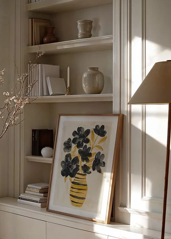 Dark flowers dance in a golden vase, creating elegance in the room-12