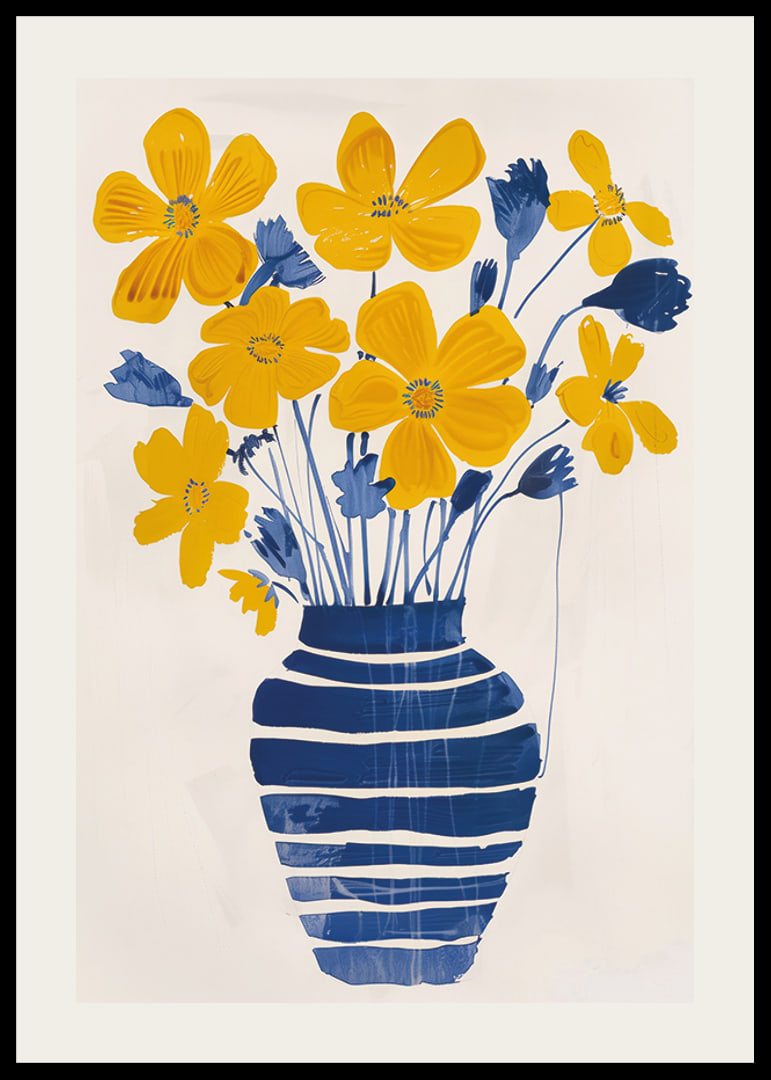 Golden flowers in a blue striped vase bring the room to life-12