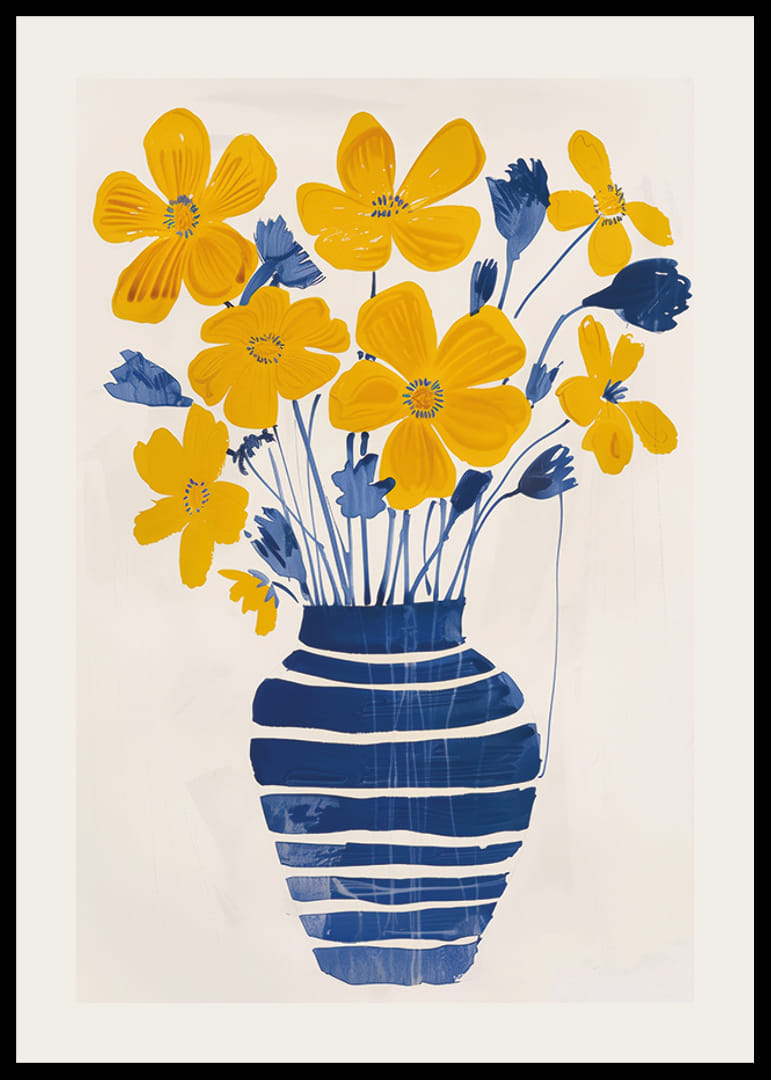 Gyldne blomster i en blåstribet vase giver rummet liv-12