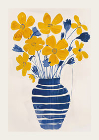 Golden flowers in a blue striped vase bring the room to life-3