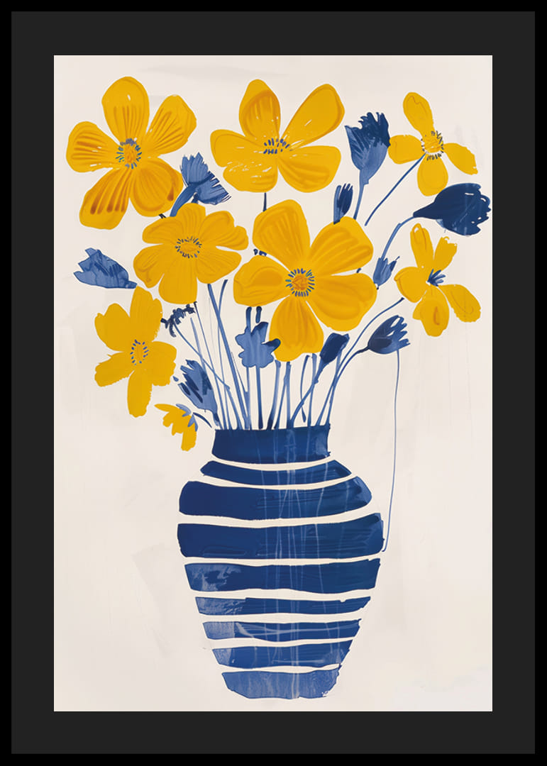 Gyldne blomster i en blåstribet vase giver rummet liv-12