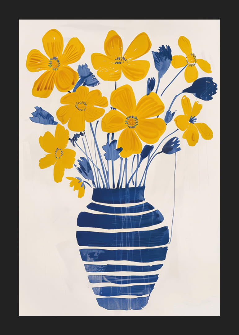 Gyldne blomster i en blåstribet vase giver rummet liv-12