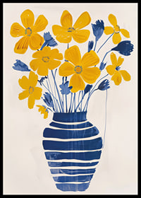 Golden flowers in a blue striped vase bring the room to life-6