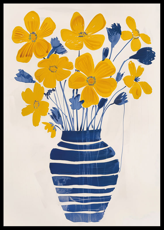 Golden flowers in a blue striped vase bring the room to life-12
