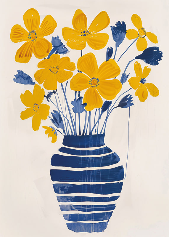 Golden flowers in a blue striped vase bring the room to life-12
