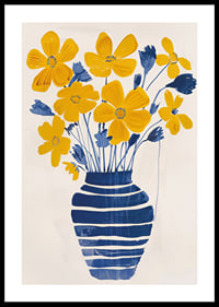 Golden flowers in a blue striped vase bring the room to life-0