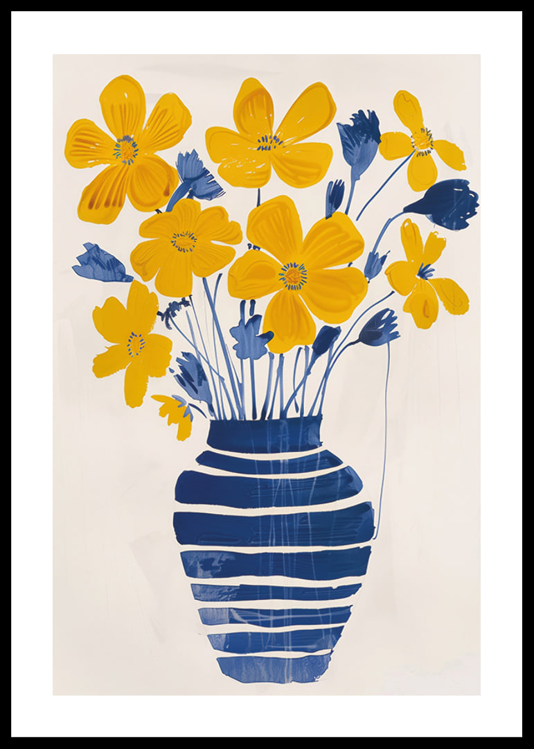 Golden flowers in a blue striped vase bring the room to life-12