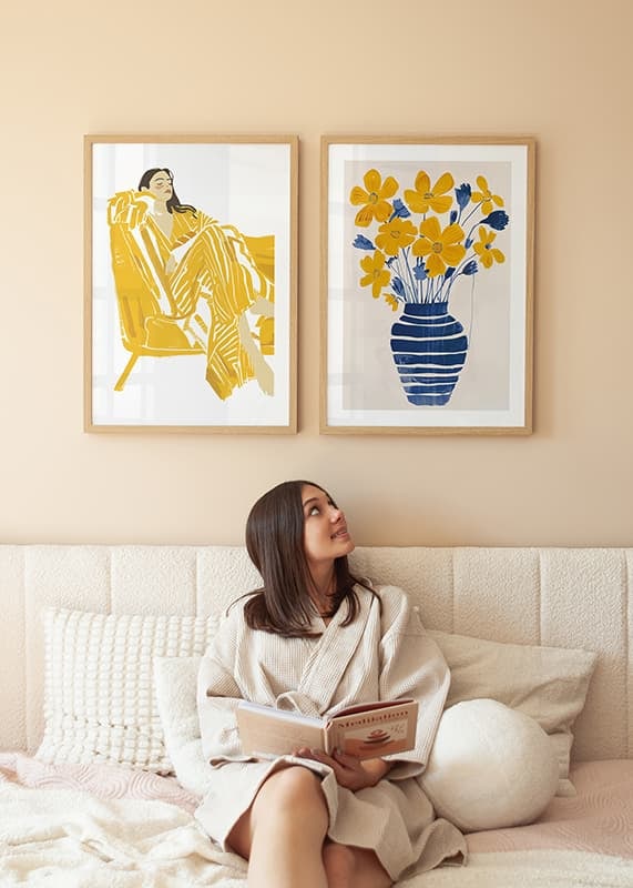 Golden flowers in a blue striped vase bring the room to life-12
