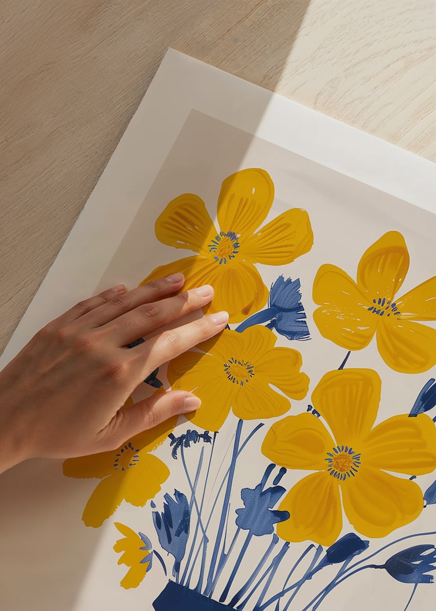 Golden flowers in a blue striped vase bring the room to life-12