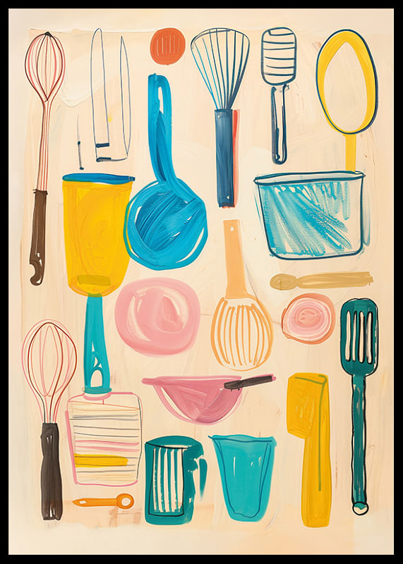Poster colorat cu ustensile de bucătărie jucăușe în stil abstract-12