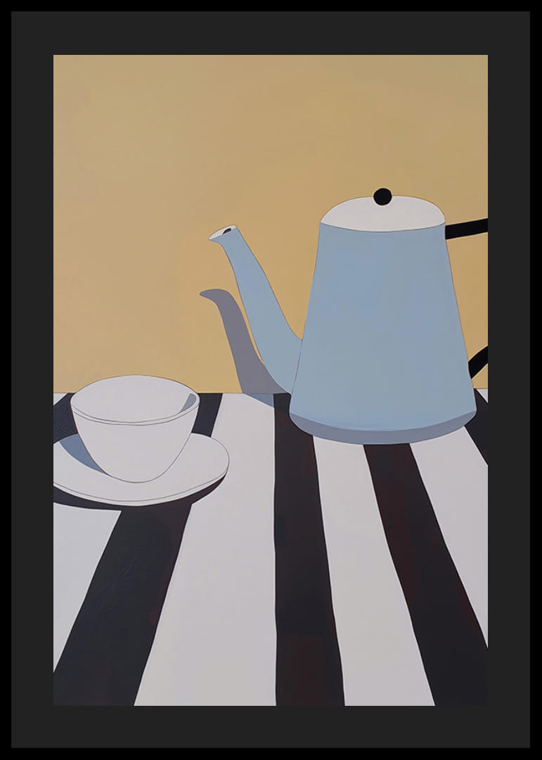 A minimalist motif of a teapot and cup on a striped table-12