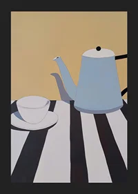 Ett minimalistiskt motiv av en tekanna och kopp på ett randigt bord-5