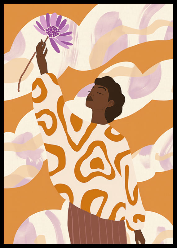 A woman stands with a flower, surrounded by warm, soft tones-12