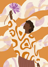 A woman stands with a flower, surrounded by warm, soft tones-3