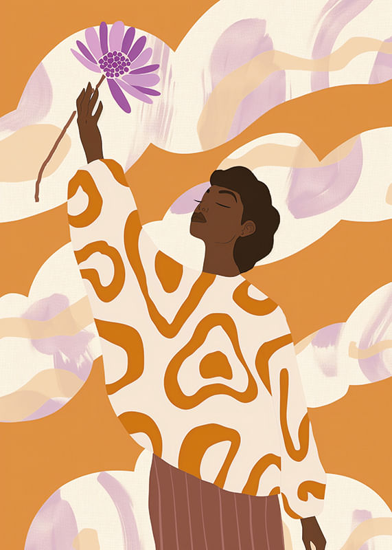 A woman stands with a flower, surrounded by warm, soft tones-12
