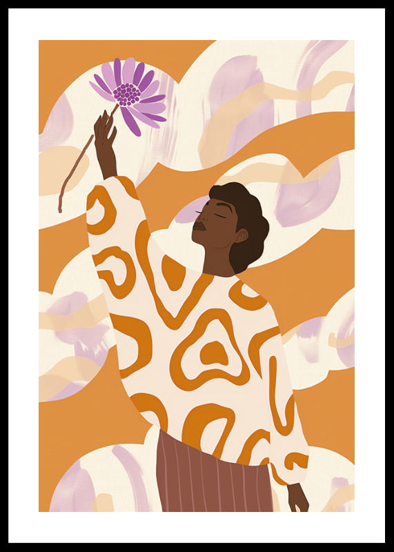 A woman stands with a flower, surrounded by warm, soft tones-12