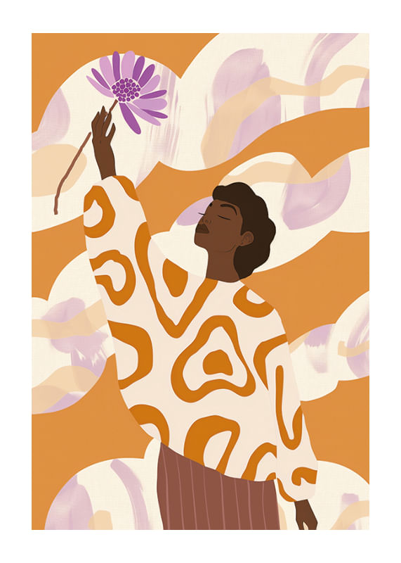 A woman stands with a flower, surrounded by warm, soft tones-12