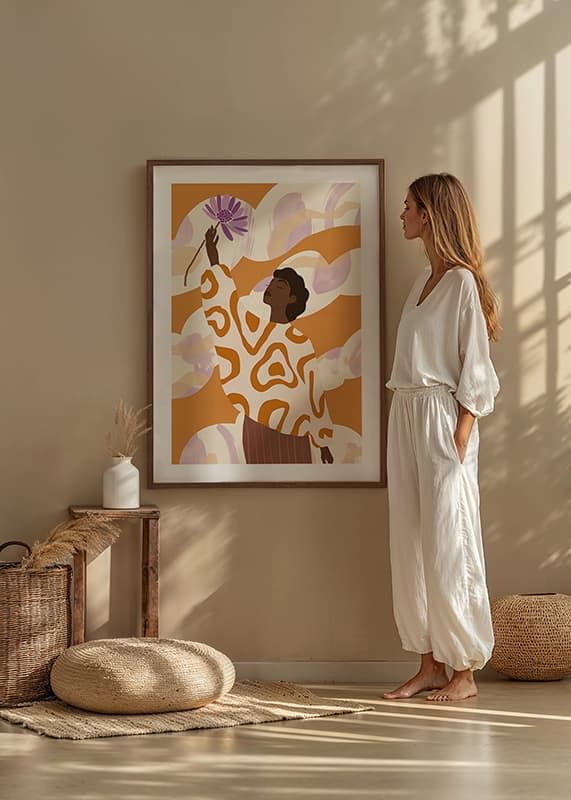 A woman stands with a flower, surrounded by warm, soft tones-12