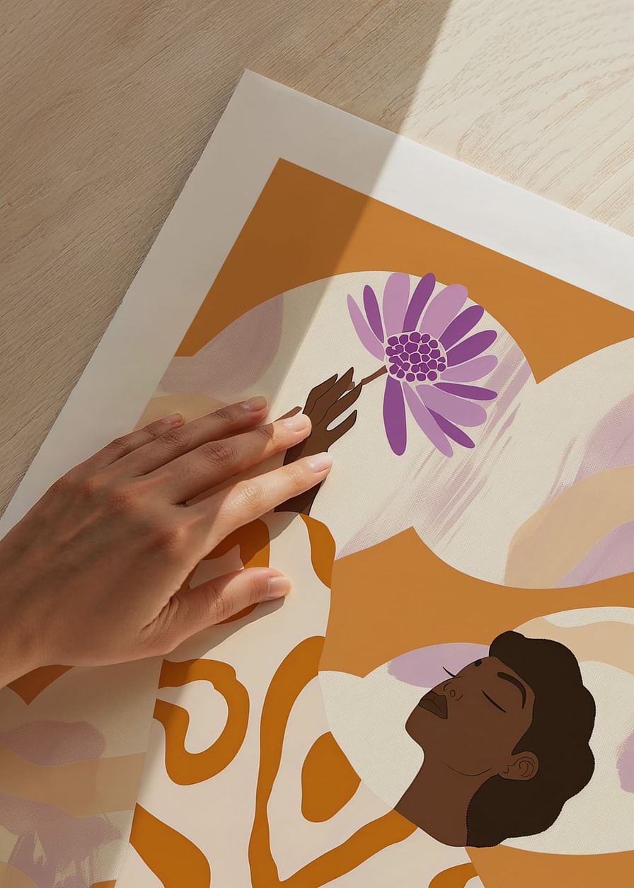 A woman stands with a flower, surrounded by warm, soft tones-12