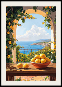 Een zonnig terras met een citroenkom en uitzicht op zee-2