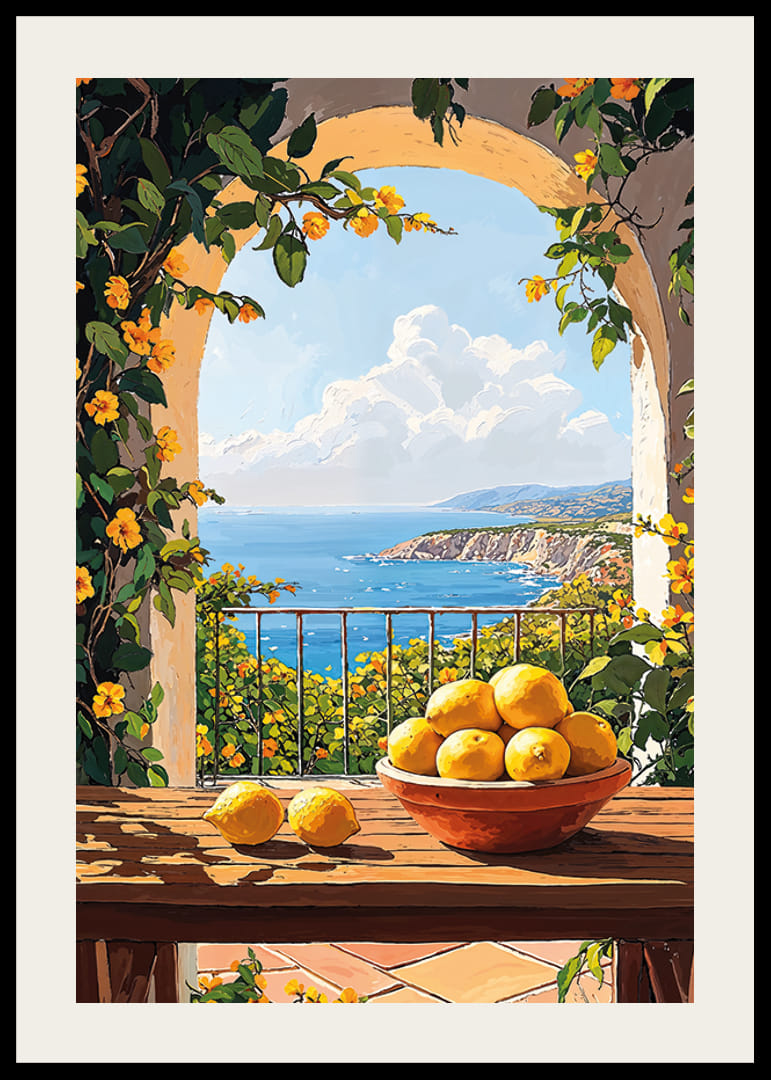 Een zonnig terras met een citroenkom en uitzicht op zee-12