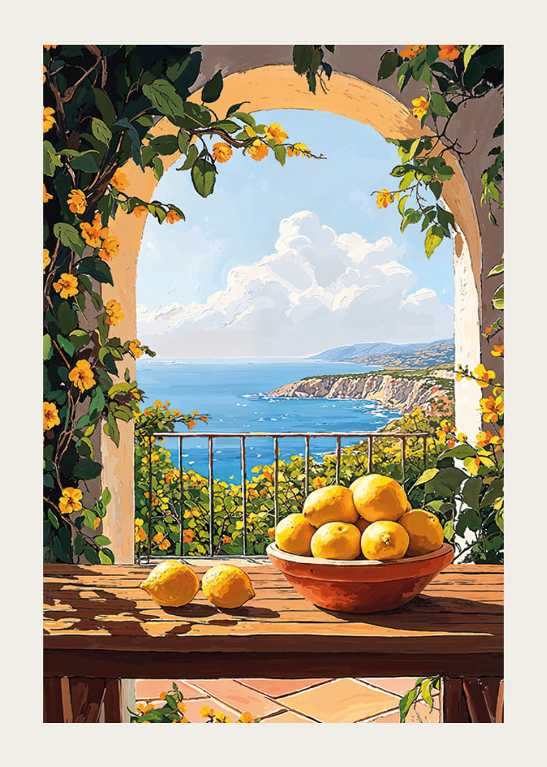 Een zonnig terras met een citroenkom en uitzicht op zee-12