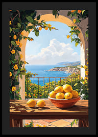 Een zonnig terras met een citroenkom en uitzicht op zee-4