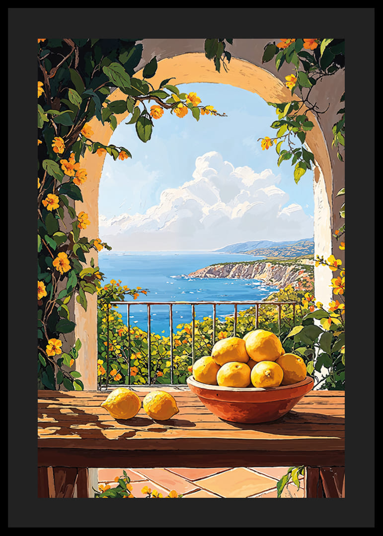 Een zonnig terras met een citroenkom en uitzicht op zee-12