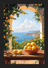 Een zonnig terras met een citroenkom en uitzicht op zee-5