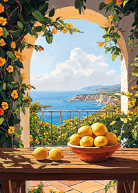En solig terrass med citronskål och havsutsikt-7