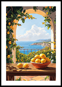 En solig terrass med citronskål och havsutsikt-0