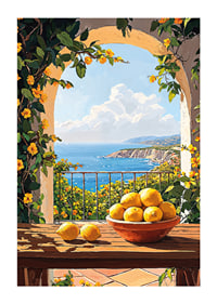En solig terrass med citronskål och havsutsikt-1