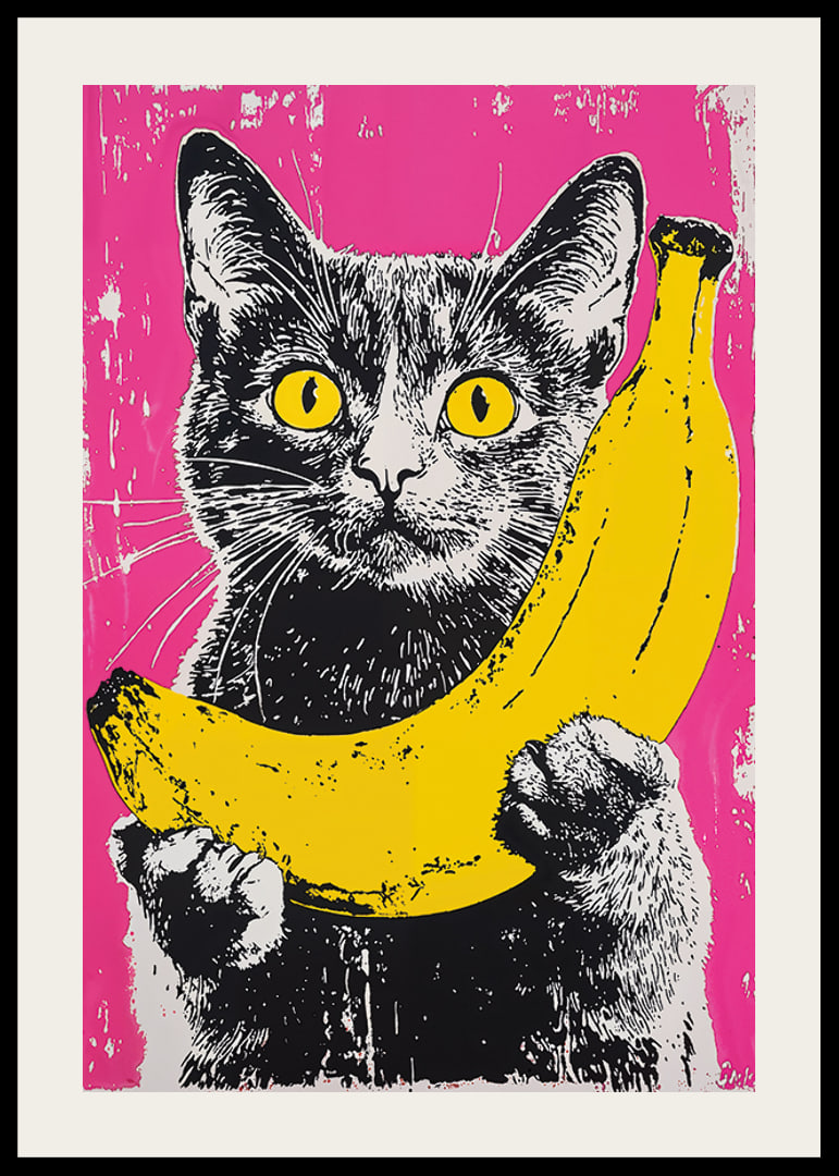En katt i popkonststil med en banan på en livfull bakgrund-12