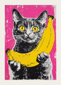 Pop art stílusú macska banánnal, élénk háttéren-3