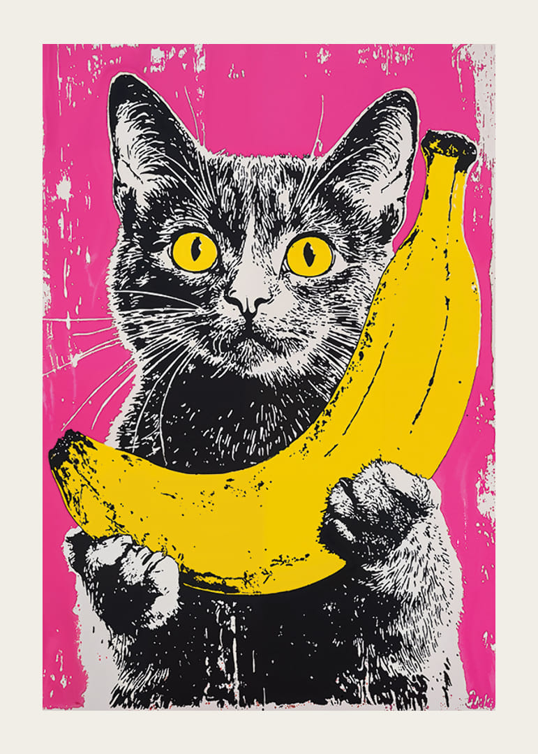 Pop art stílusú macska banánnal, élénk háttéren-12