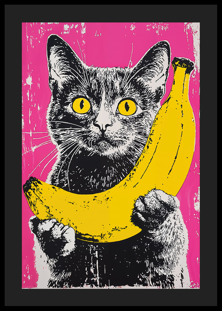 En katt i popkonststil med en banan på en livfull bakgrund-12