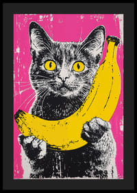 Pop art stílusú macska banánnal, élénk háttéren-4