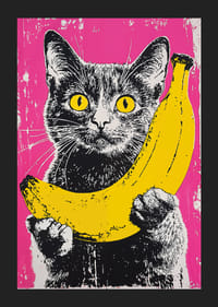 Pop art stílusú macska banánnal, élénk háttéren-5