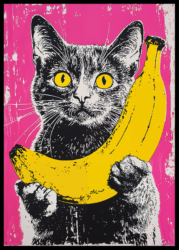 En katt i popkonststil med en banan på en livfull bakgrund-12