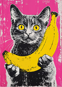 En katt i popkonststil med en banan på en livfull bakgrund-7