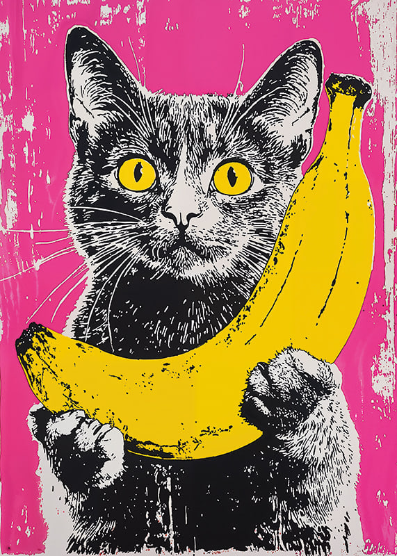 En katt i popkonststil med en banan på en livfull bakgrund-12