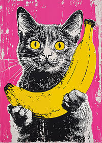 O pisică în stil pop art cu o banană pe un fundal vibrant-3