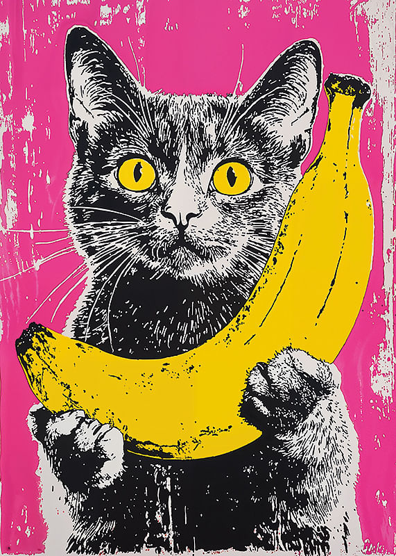 O pisică în stil pop art cu o banană pe un fundal vibrant-12