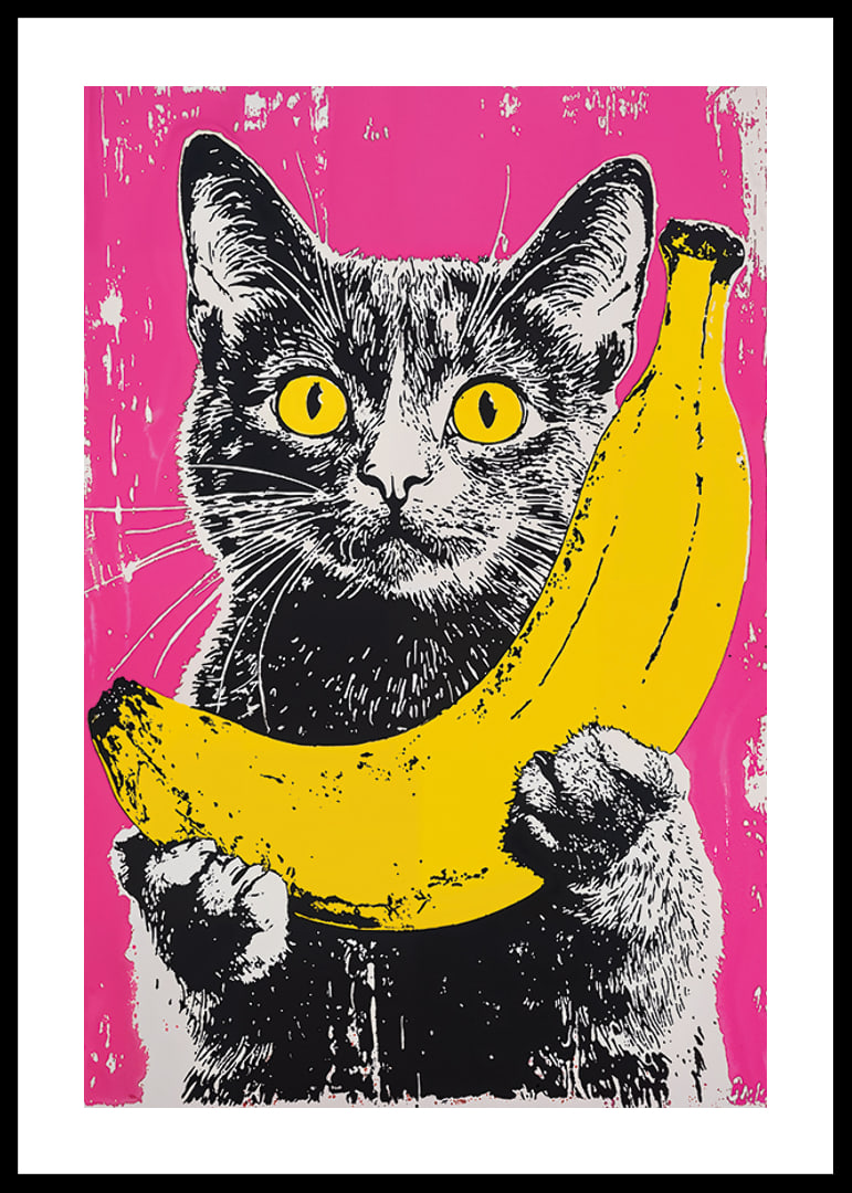 En katt i popkonststil med en banan på en livfull bakgrund-12