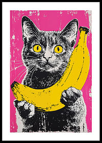 O pisică în stil pop art cu o banană pe un fundal vibrant-0