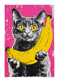 O pisică în stil pop art cu o banană pe un fundal vibrant-1