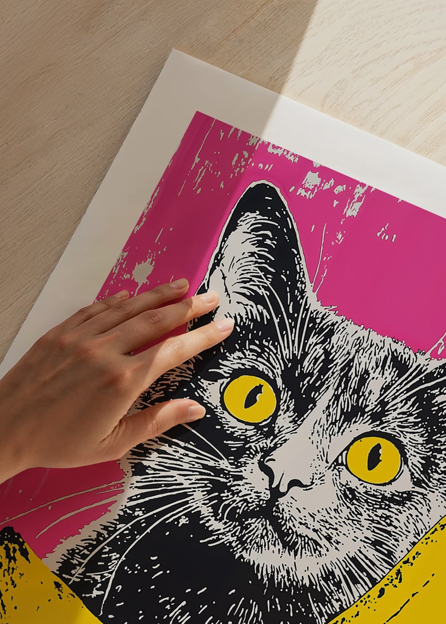 En katt i popkonststil med en banan på en livfull bakgrund-12