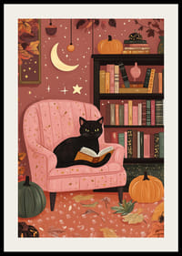 A cat in a pink armchair surrounded by books and pumpkins-2
