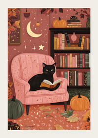 A cat in a pink armchair surrounded by books and pumpkins-3